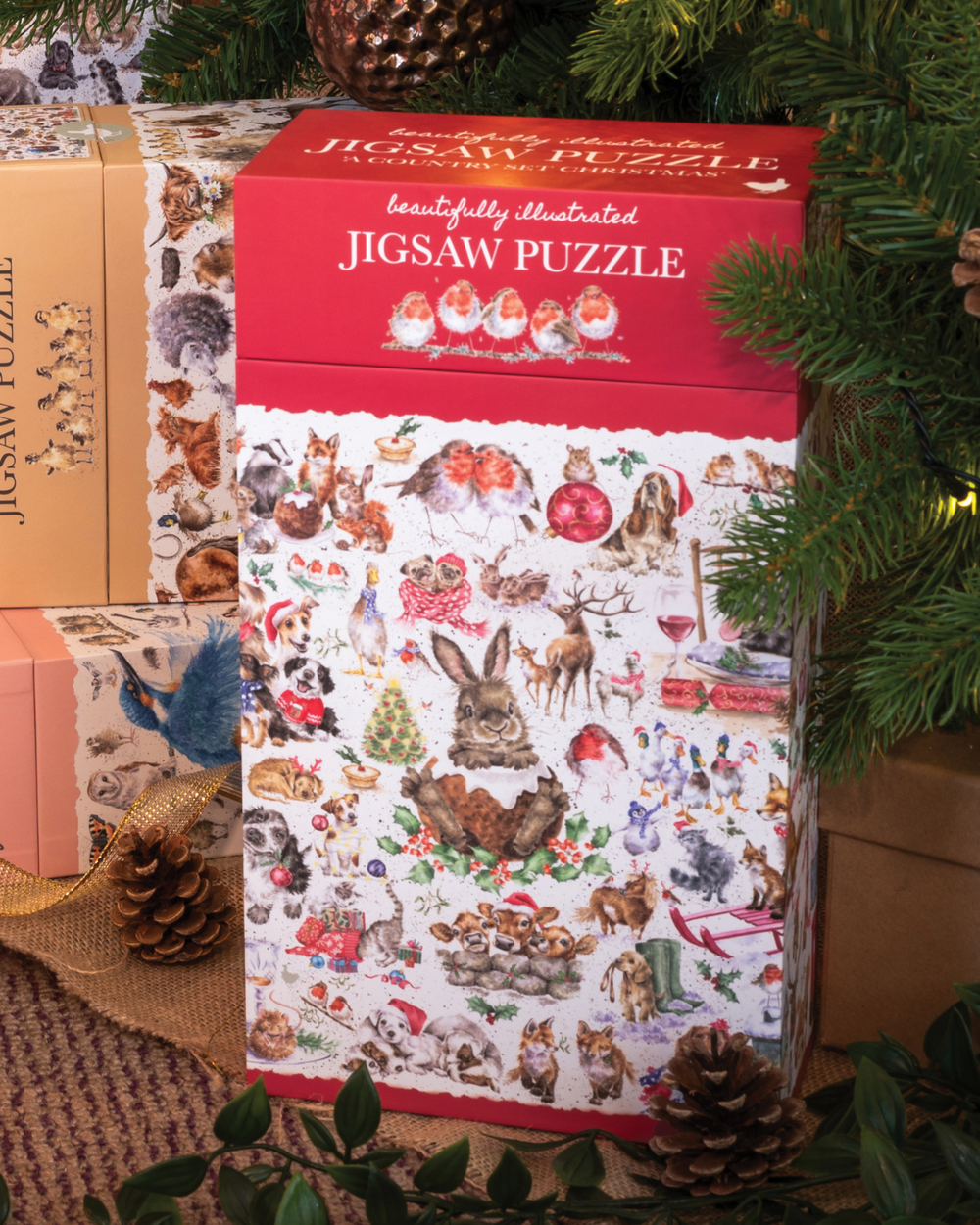 Weihnachtliches Puzzle The Country Set Christmas von Wrendale Designs unter dem Weihnachtsbaum