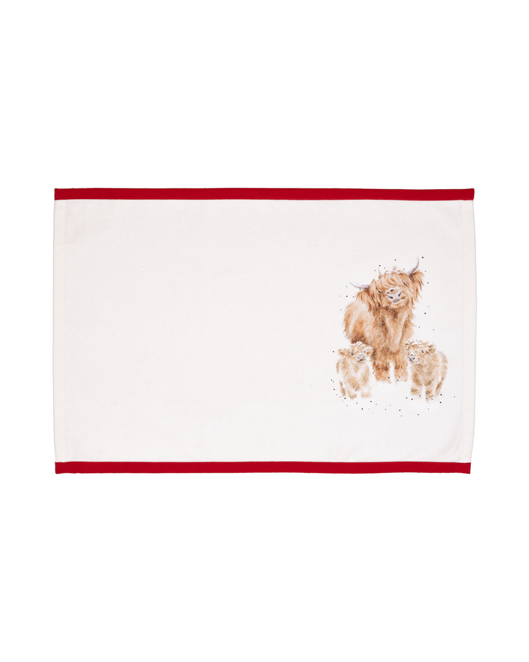 Das Tischset „Winter Woodland“ von Wrendale Designs mit Hochlandkuh-Motiv. Eine Hochlandkuh steht mit zwei Kälbern auf hellem Hintergrund – liebevoll illustriert von Hannah Dale und umrahmt von einem roten Rand.