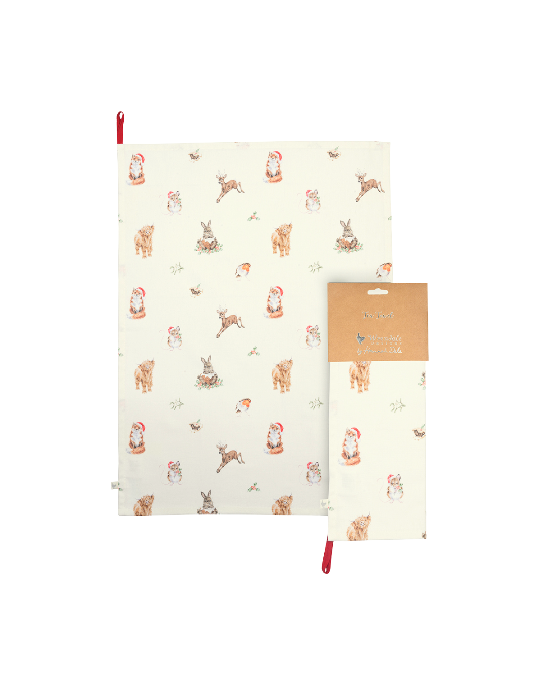 Kombination aus ausgebreitetem und verpacktem Woodlanders Geschirrtuch von Wrendale Designs nebeneinander auf weißem Hintergrund.