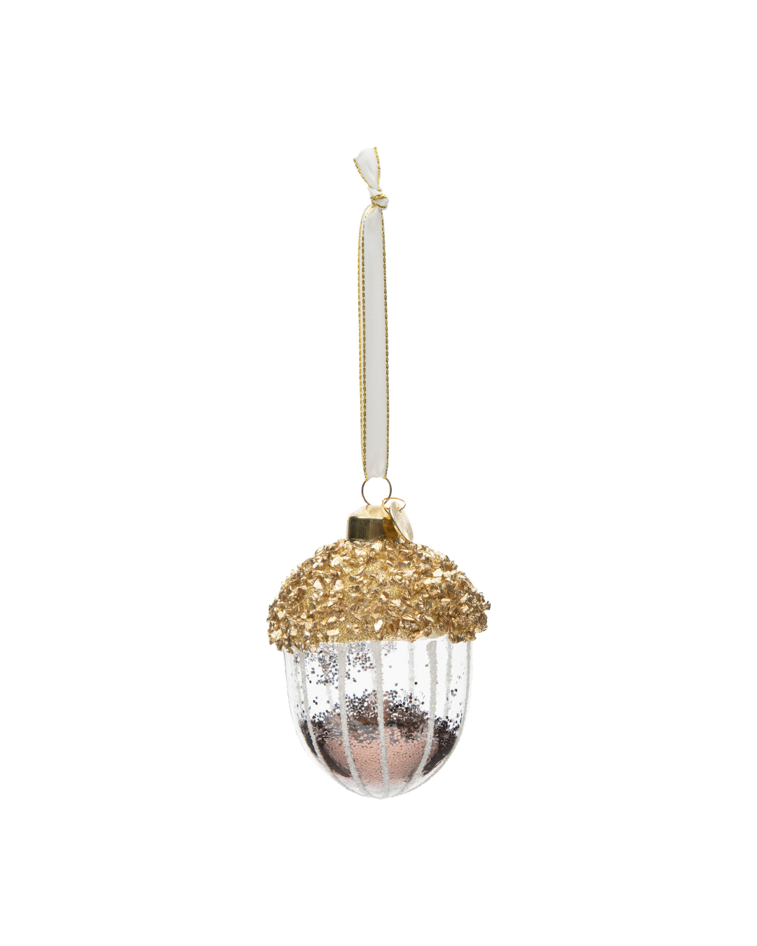 Weihnachtsbaumschmuck „Sparkling Acorn Ornament“ von Rivièra Maison vor weißem Hintergrund. Das Ornament ist wie eine Eichel gestaltet mit glitzerndem goldfarbenem Deckel und transparentem Glas.