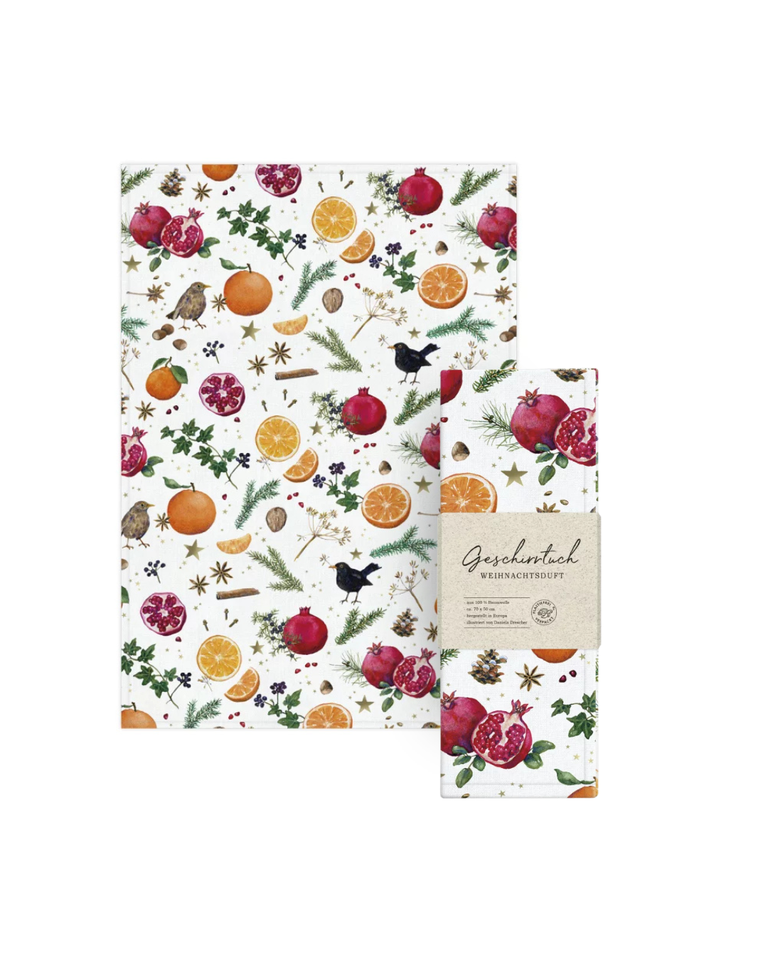 Geschirrtuch Weihnachtsduft mit Verpackung vom Grätz Verlag mit Motiv von Daniela Drescher: Orangen, Granatäpfel, Zimtstangen, Sterne und kleine Vögel auf weißem Hintergrund.