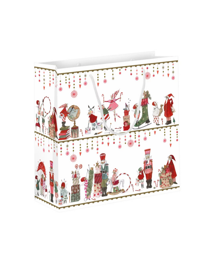 Große Geschenktasche „Weihnachtswerkstatt“ mit Nussknackern, Nikoläusen & Geschenkewerkstatt-Motiv