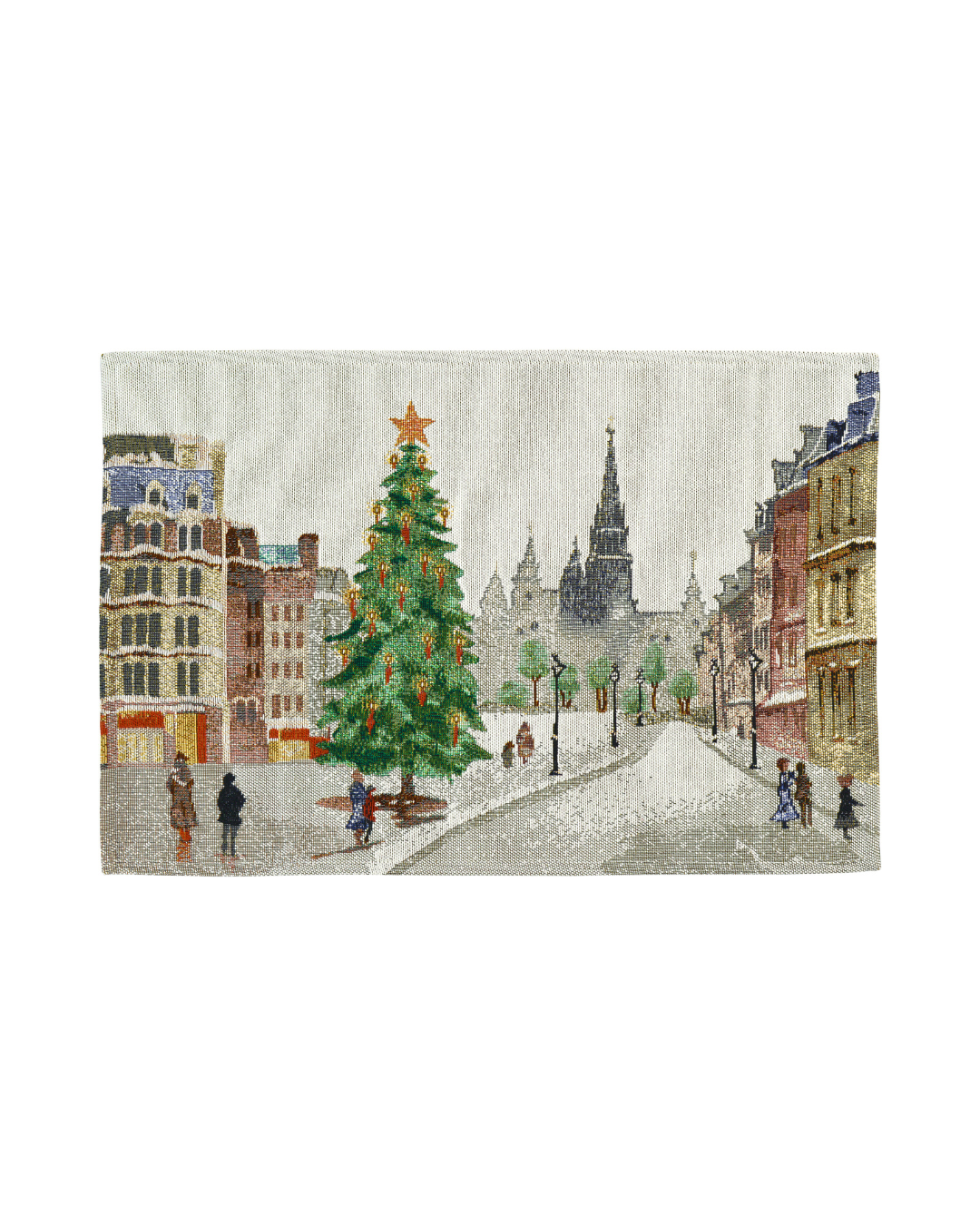 Tischset X-Mas in Town von Sander mit winterlicher Stadtszene und großem Weihnachtsbaum vor weißem Hintergrund.