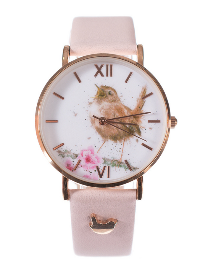 Rosa Armbanduhr mit Zaunkönig-Motiv von Wrendale Designs.