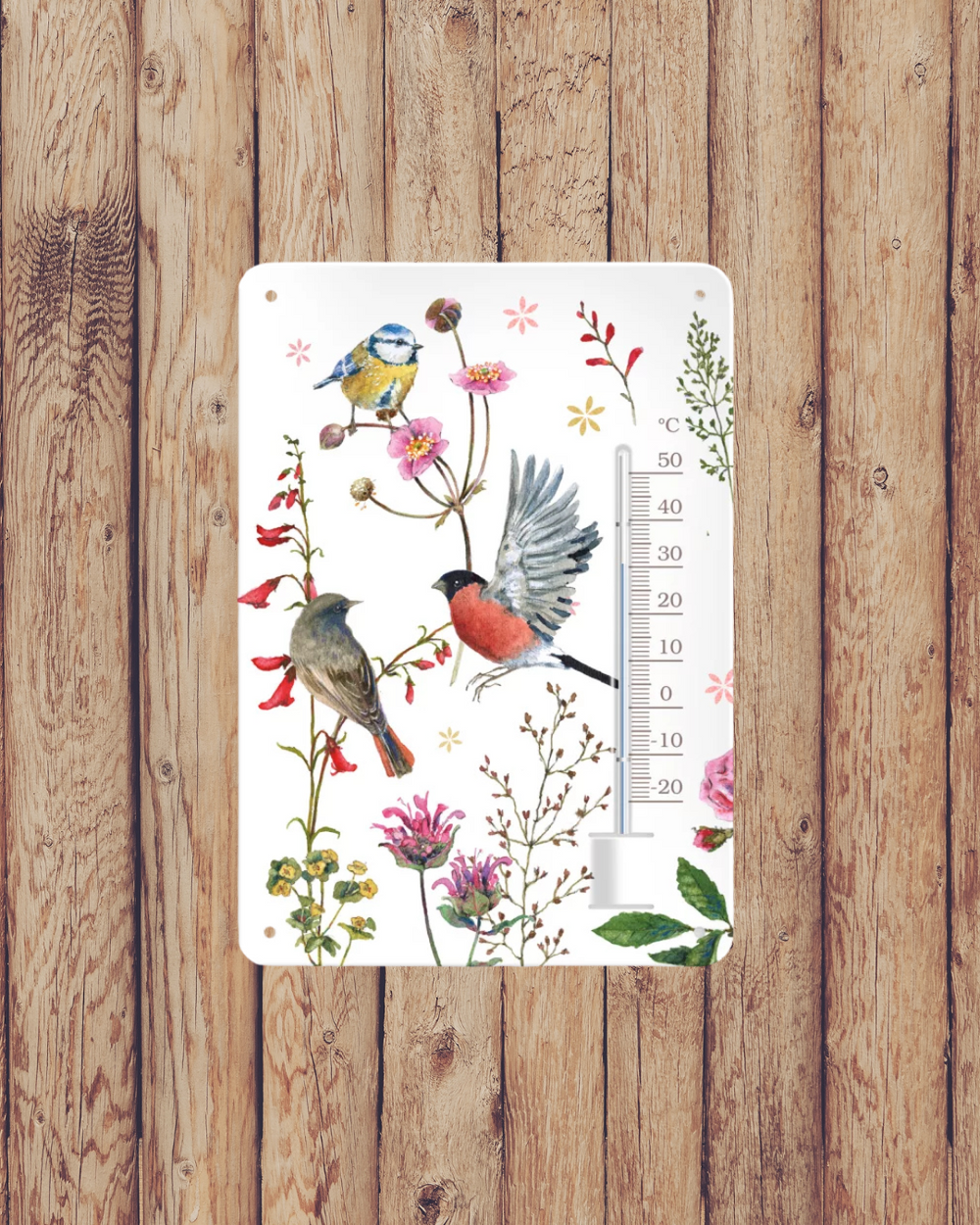 Motiv Zeit für Harmonie von Daniela Drescher auf einem Thermometer vom Grätz Verlag vor einer Holzwand.