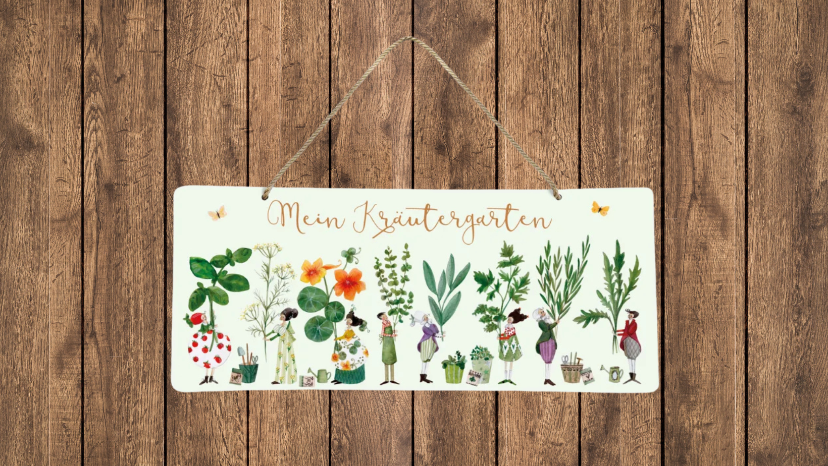 Metallschild Mein Kräutergarten vom Grätz Verlag vor einer braunen Holzwand.