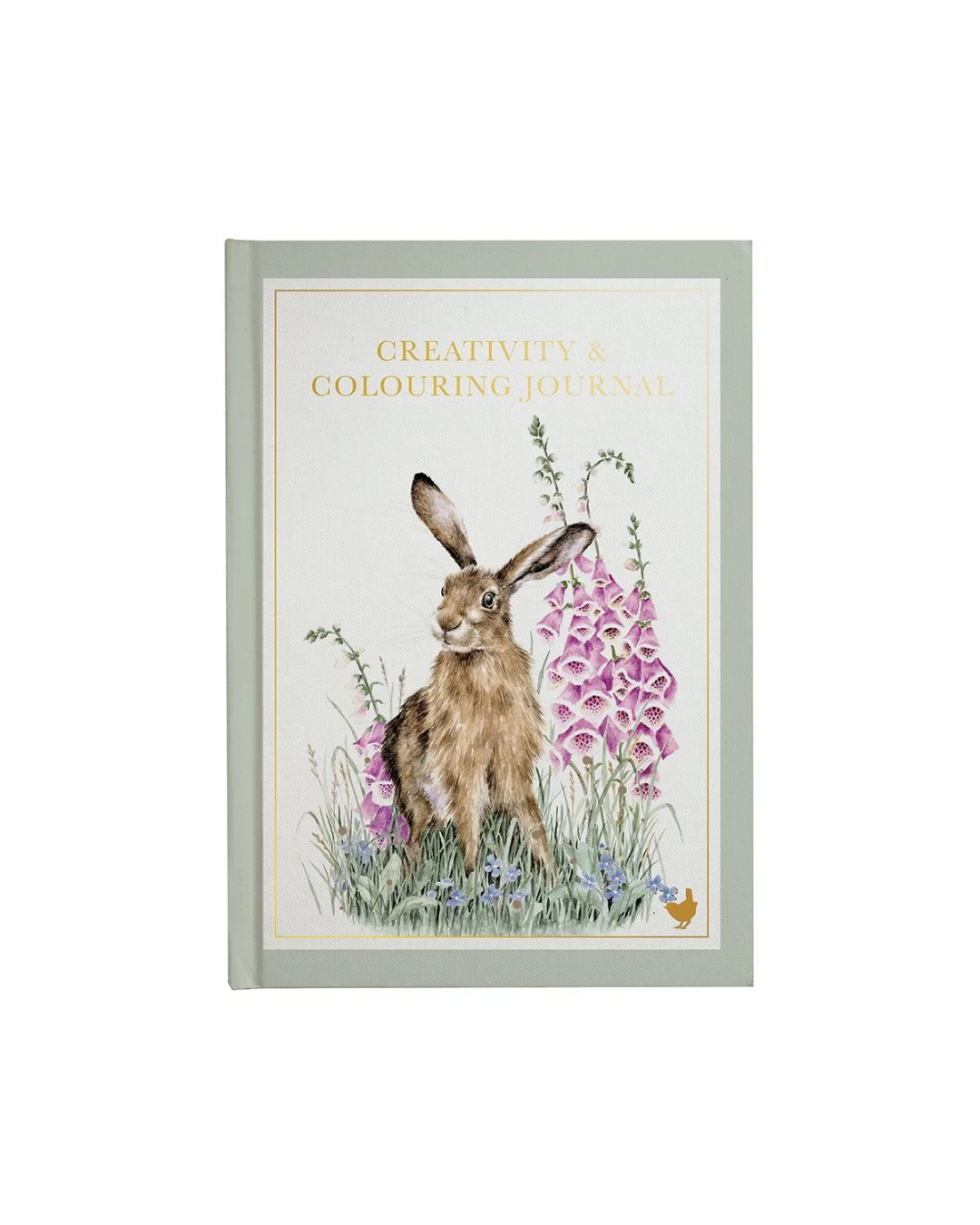 Achtsamkeits- und Geschnktagebuch von Wrendale Designs. Mit Hasenillustration in bunten Blühpflanzen von Hannah Dale. Creativity & Colourung Jouranl steht in goldenen Lettern oben mittig auf dem Journal. 