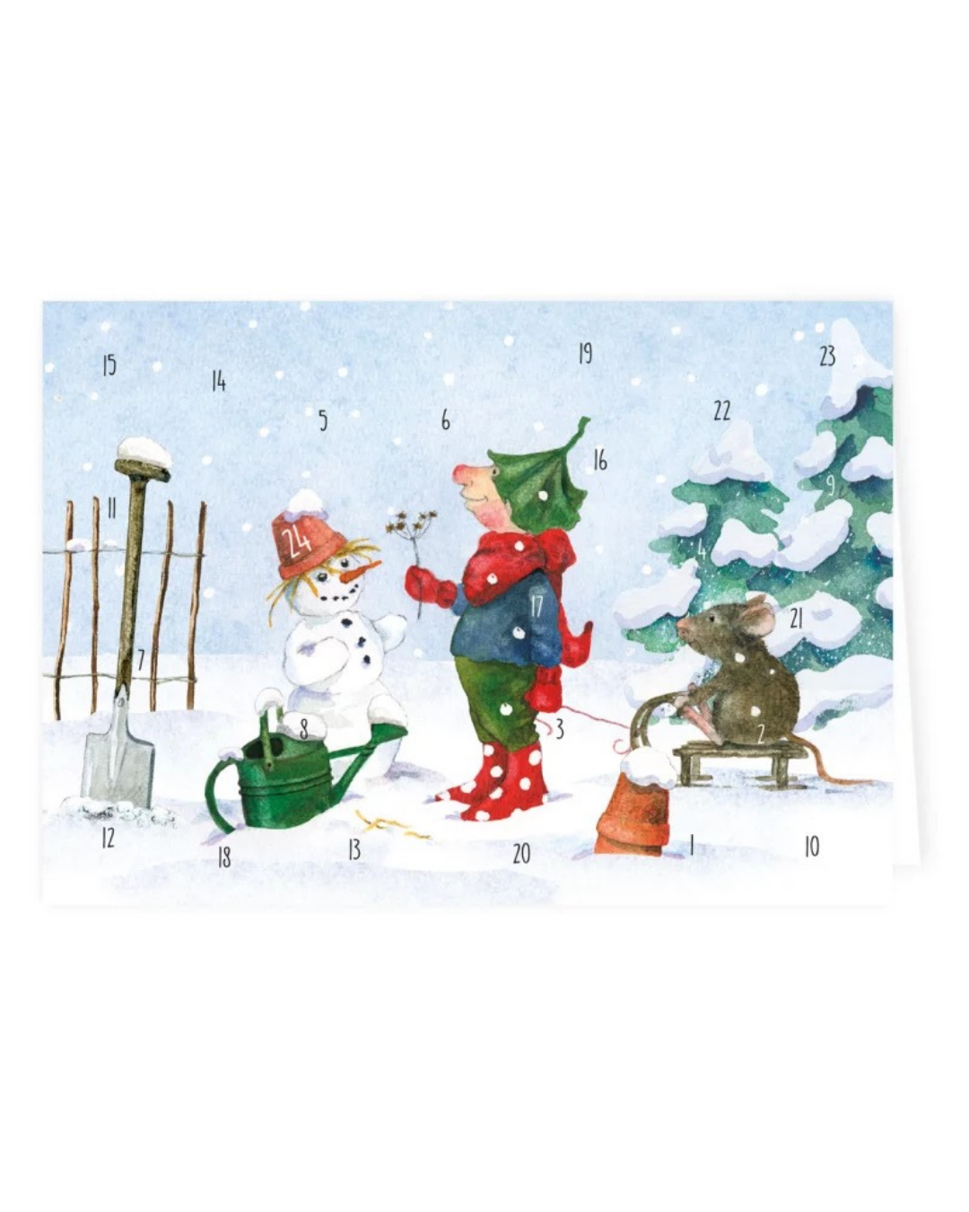 Adventskalender Doppelkarte "Giesbert der Regenrinnen-Wicht" vom Grätz Verlag. Mit detailreicher Giesbertillustration in winterlicher Landschaft mit Schneemann und einer Maus auf einem Schlitten.