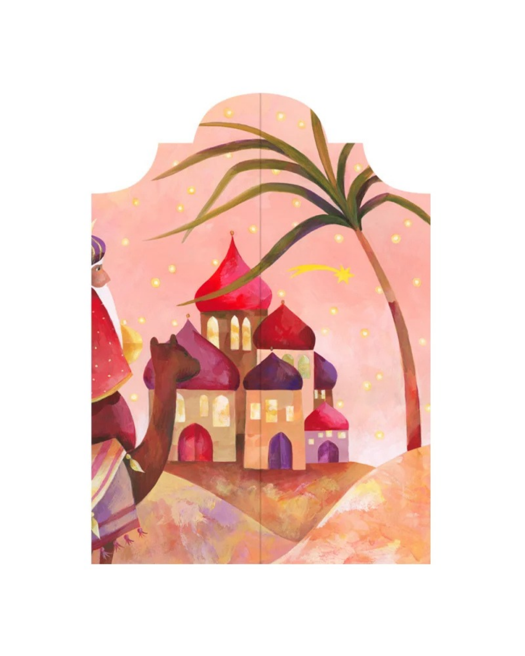 Maxi Adventskalender "Orientalische Sadt" vom Grätz Verlag. Stimmungsvolle Wüstenstadtillustration von Aurélie Blanz in warmen Rottönen.