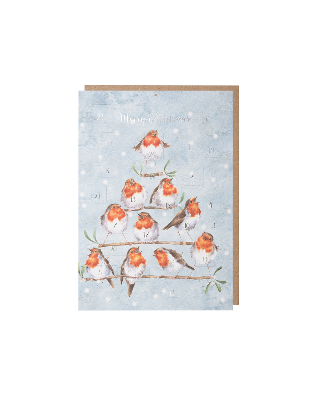 Adventskalender „Rotkehlchen“ von Wrendale Designs mit Vögeln auf Ästen in Form eines Weihnachtsbaums vor weißem Hintergrund.