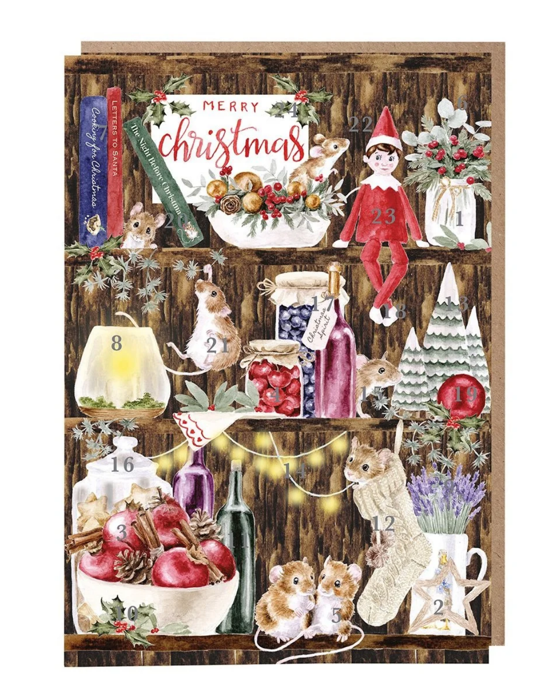 Weihnachtliche Adventskalenderkarte  "The Christmas Pantry" von Wrendale Designs in DIN A4 mit liebevollen Weihnachtsmotiven von Hannah Dale.