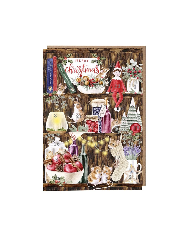 Weihnachtliche Adventskalenderkarte  "The Christmas Pantry" von Wrendale Designs in DIN A5 mit liebevollen Weihnachtsmotiven von Hannah Dale.