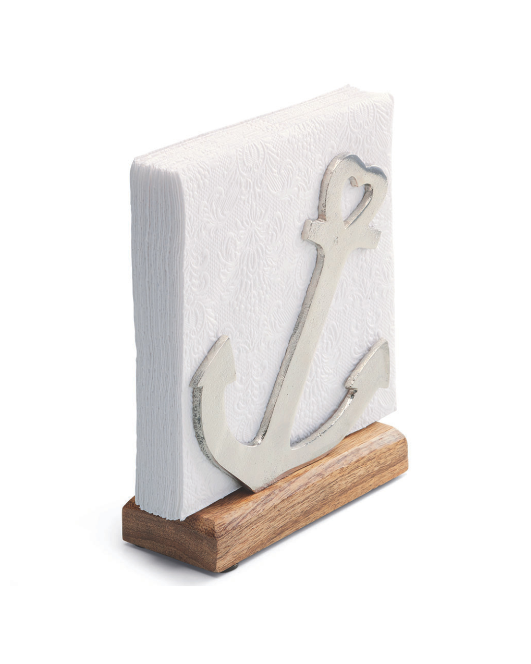 Serviettenhalter mit metallischem Anker-Motiv auf hellem Holzfuß der Marke Ambiente, isoliert auf weißem Hintergrund.