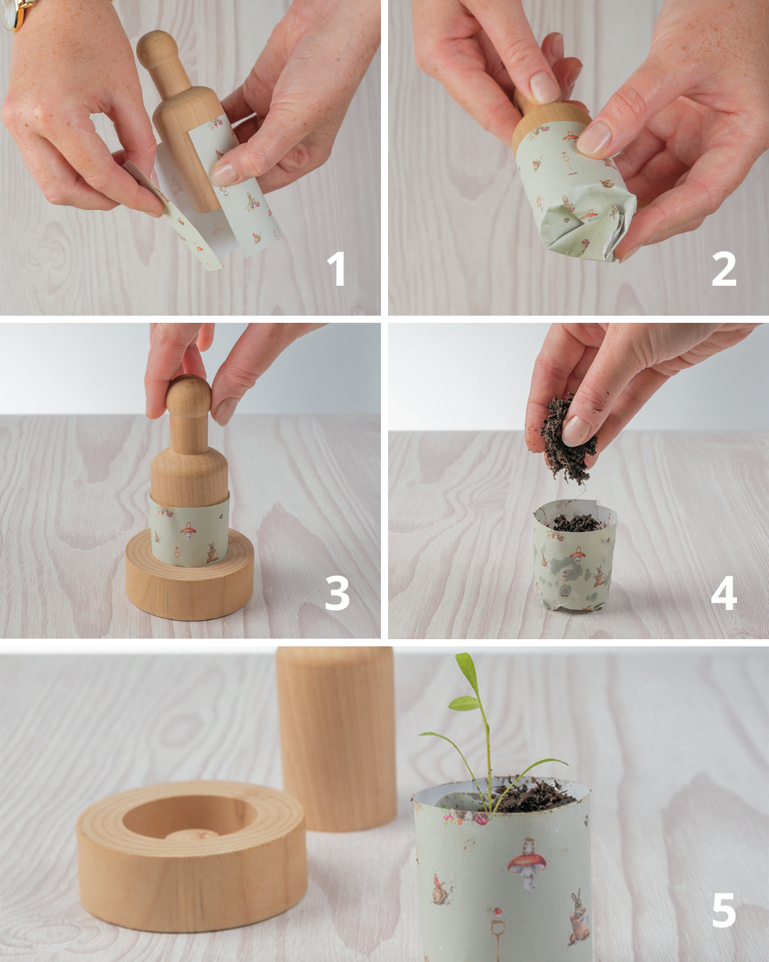 Schritt-für-Schritt-Anleitung zur Nutzung der Anzuchttopf-Presse von Wrendale Designs: Hände formen bedrucktes Papier um die Holzpresse zu einem kleinen Anzuchttopf, nummerierte Abfolge von Schritt 1 bis 5.