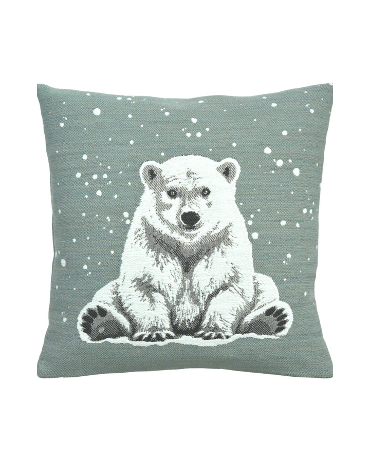 Arktos Kissenbezug von Sander in Blue Fox mit großem Eisbär-Motiv und Schneeflocken.