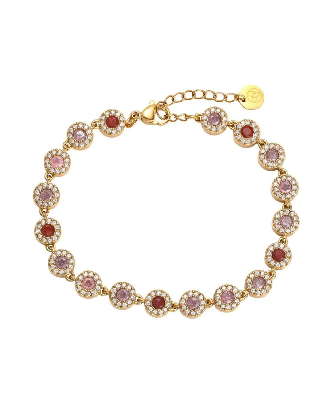 Armband mit bunten Glitzer Steinen von Dottilove vor weißen Hintergrund. Das Armband selbst ist Gold mit vielen Glitzer Steinen in rot, weiß und lila.