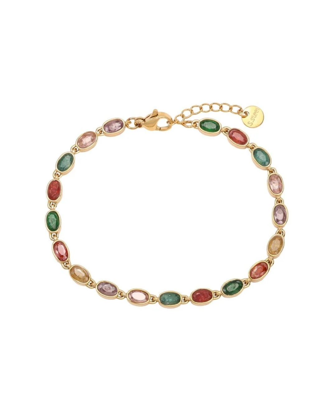 Armband mit bunten Steinen von Dottilove vor weißen Hintergrund. Das Armband selbst ist gold mit bunten Steinen in grün, rot lila und gelb.