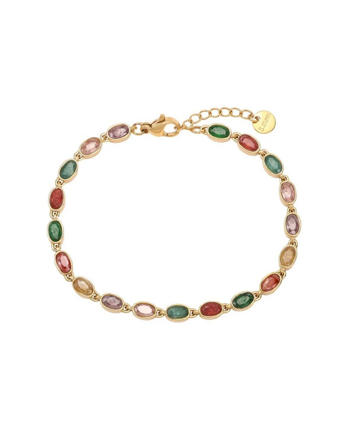 Armband mit bunten Steinen von Dottilove vor weißen Hintergrund. Das Armband selbst ist gold mit bunten Steinen in grün, rot lila und gelb.