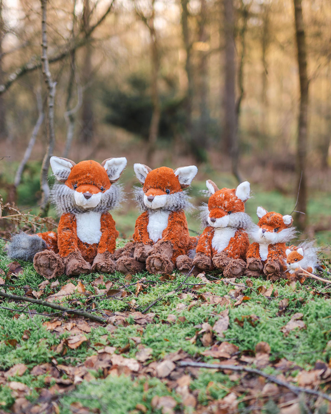 4 Fuchs Kuscheltiere von Wrendale Designs und ein Fuchs Schlüsselanhänger. Die Füchse sitzen in einer Reihe im Wald und sind nach der Größe geordnet.