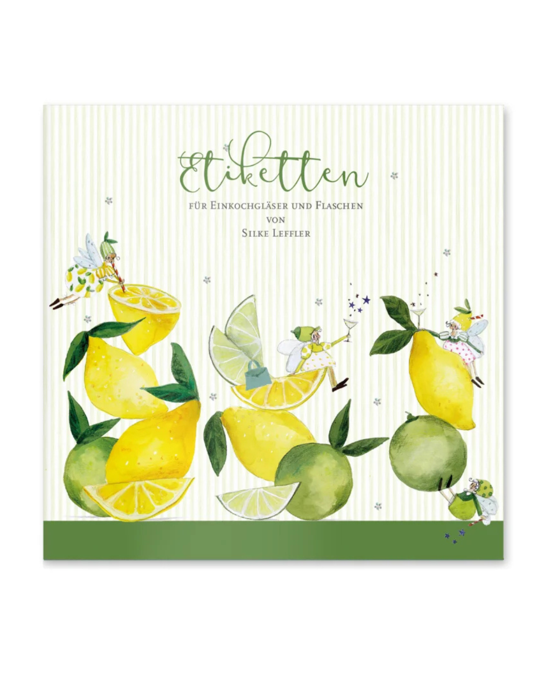 Aufkleberbuch "Fresh Lemons" mit Zitrusfrüchten und fröhlichen, sich zuprostenden Feen in weiß-gelben und grünen Röcken. Die Feen sitzen auf und schweben über Zitronen und Limonen.