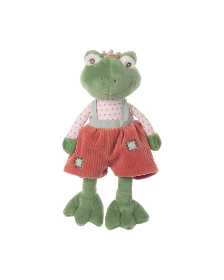 Baby-Froschkönig Kuscheltier von Bukowski Designs mit rostroter Cordhose und goldener Krone