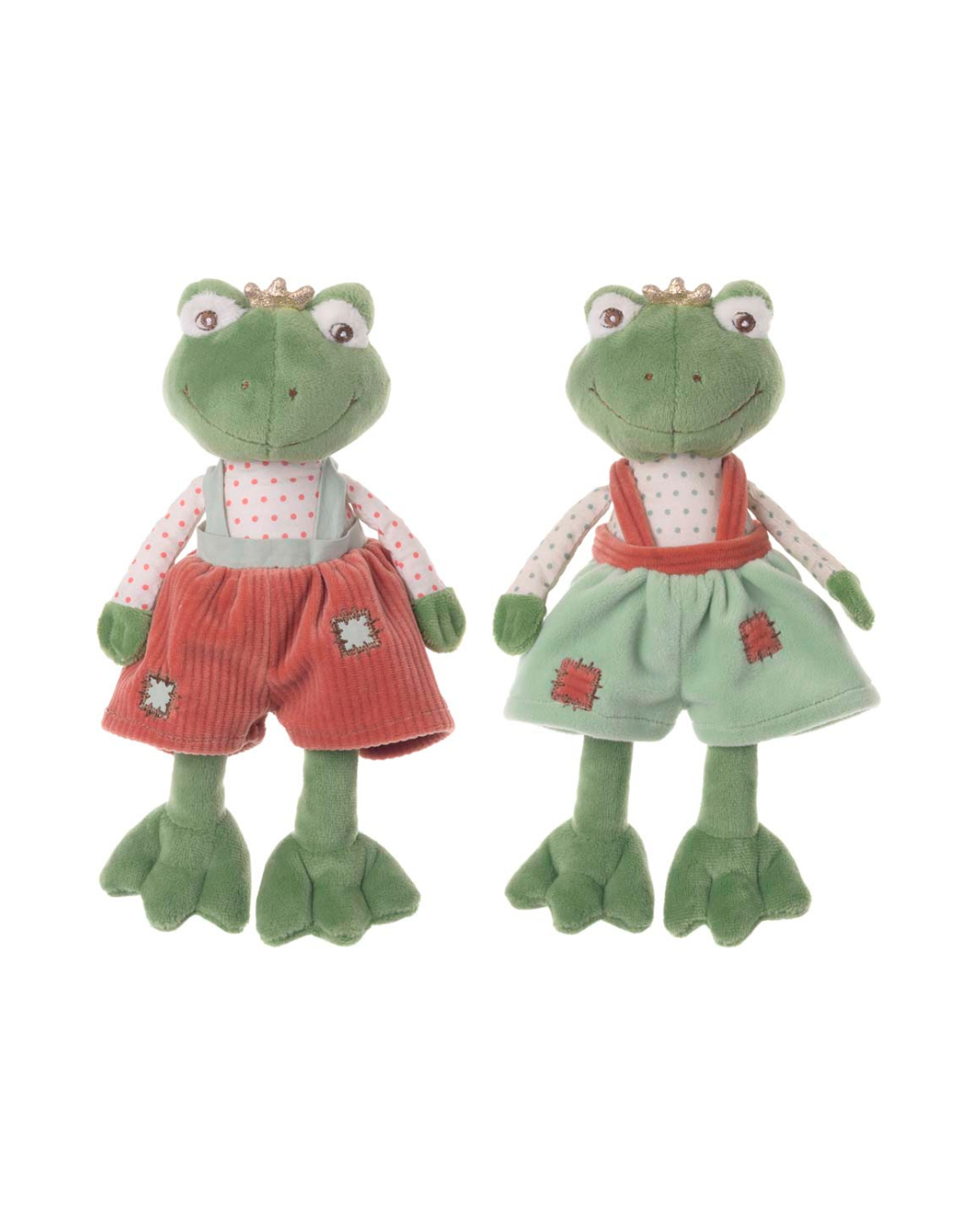 Zwei Baby-Froschkönig Kuscheltiere von Bukowski Designs in mintgrünem Rock und rostroter Cordhose