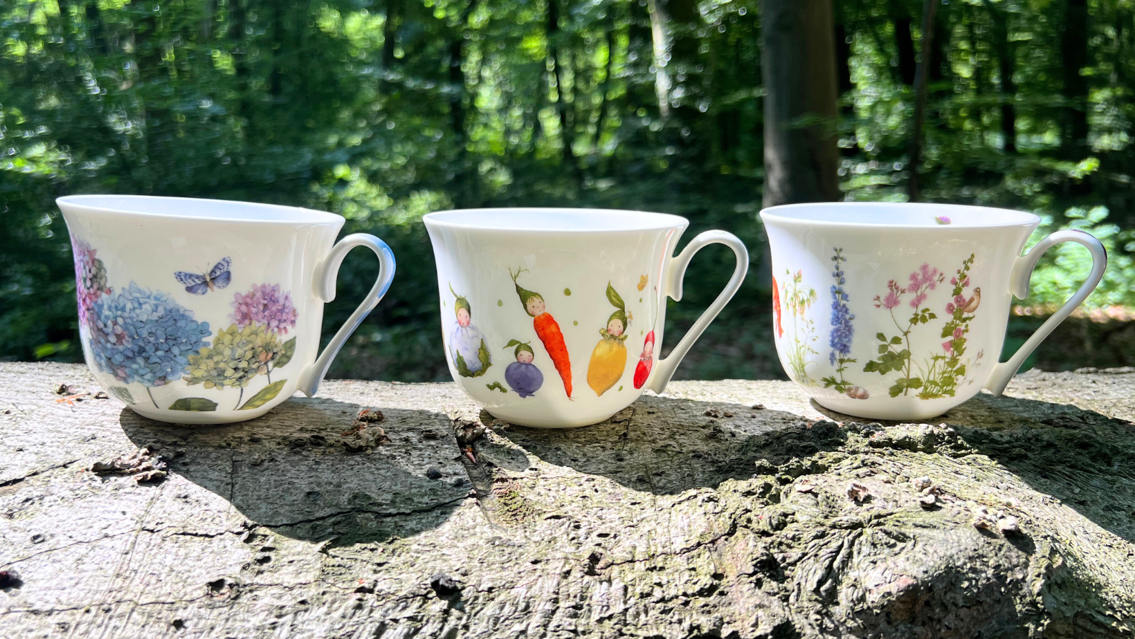 Banner Foto mit drei verschiedenen Lieblingstassen – Hortensie, Gemüsekinder & Stockrosen – vom Grätz Verlag.