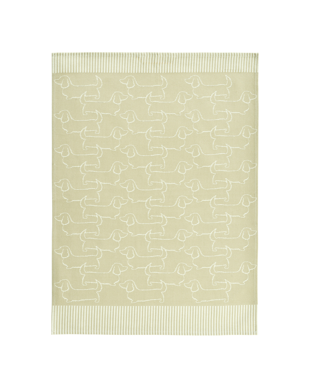 Beiges Dackel-Geschirrtuch „Schröder“ von Sander mit weißen Dackel-Silhouetten und schmalen Streifenabschlüssen, frontal freigestellt auf weißem Hintergrund.