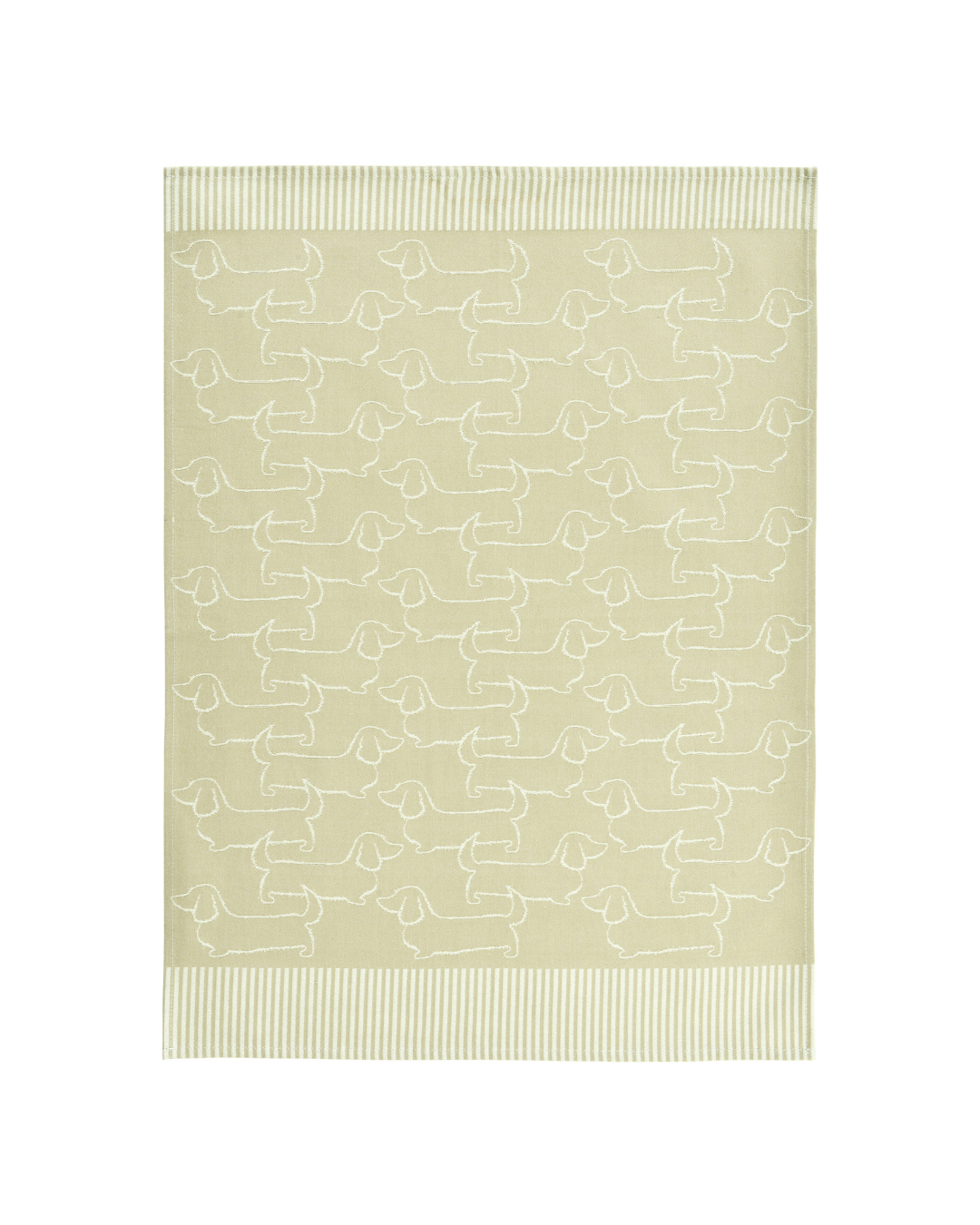 Beiges Dackel-Geschirrtuch „Schröder“ von Sander mit weißen Dackel-Silhouetten und schmalen Streifenabschlüssen, frontal freigestellt auf weißem Hintergrund.