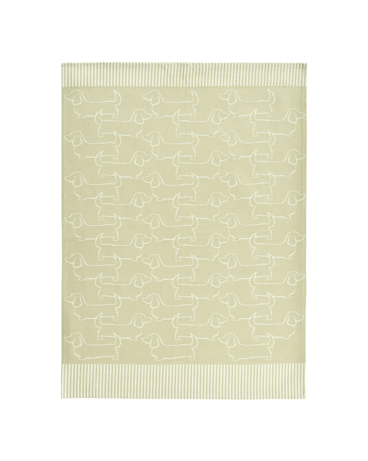 Beiges Dackel-Geschirrtuch „Schröder“ von Sander mit weißen Dackel-Silhouetten und schmalen Streifenabschlüssen, frontal freigestellt auf weißem Hintergrund.