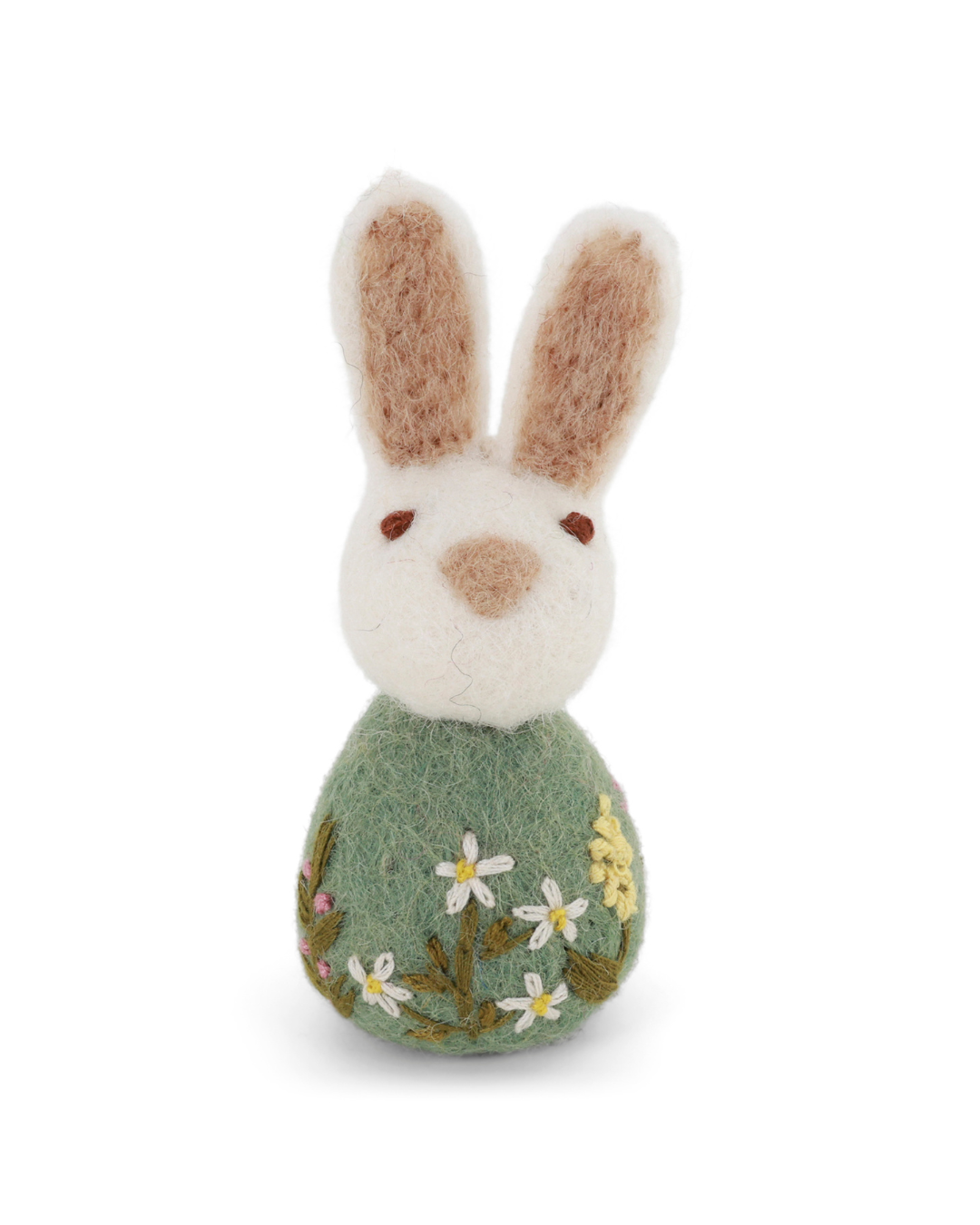 Ein einzelner bestickter Hase Filzanhänger von Gry & Sif in Grün mit floraler Stickerei, freigestellt vor weißem Hintergrund.