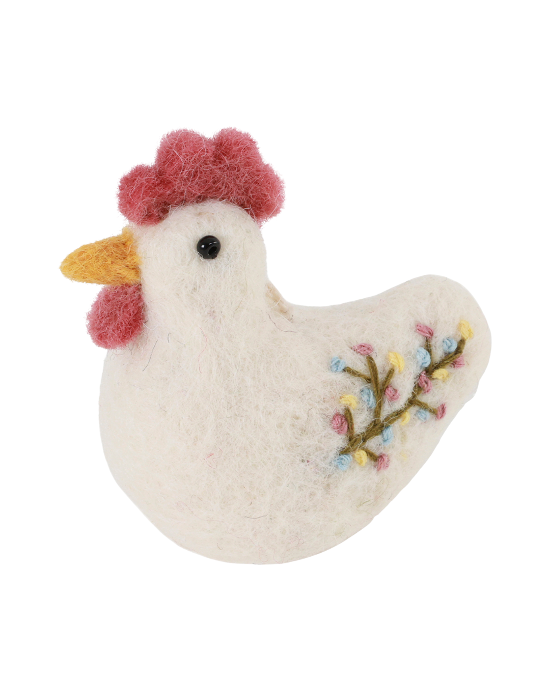 Weißes Besticktes Filzhuhn von Gry & Sif in sanftem Naturton, handgefilzt mit zarter Blumenverzierung.