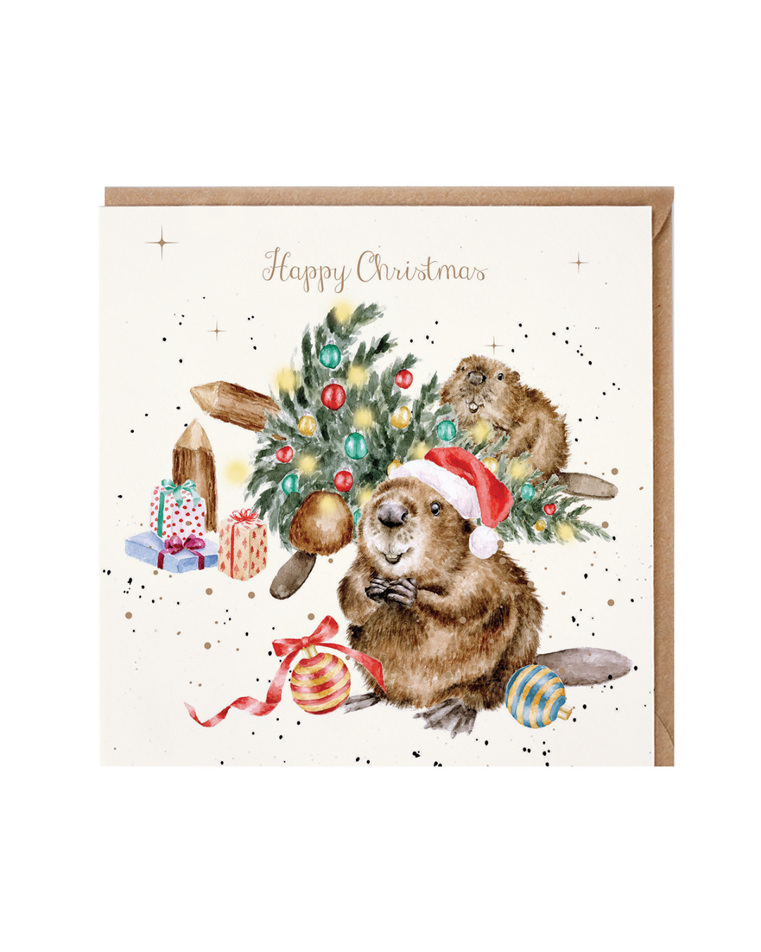 Weihnachtskarte „Underneath The Christmas Tree“ mit Biber-Motiv von Wrendale Designs vor weißem Hintergrund.