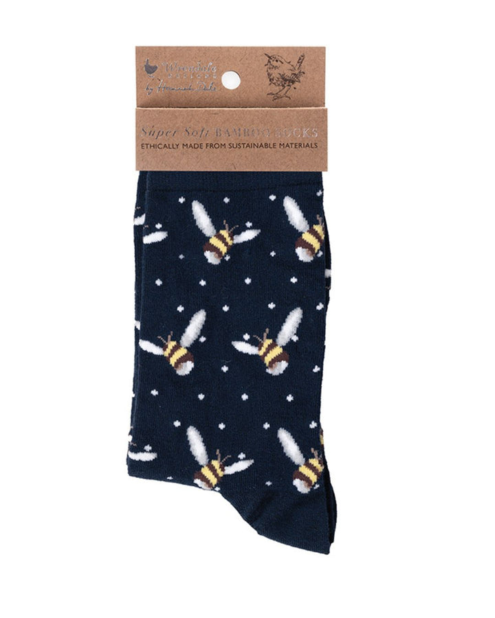 Dunkelblaue Bienen Socken von Wrendale Designs.