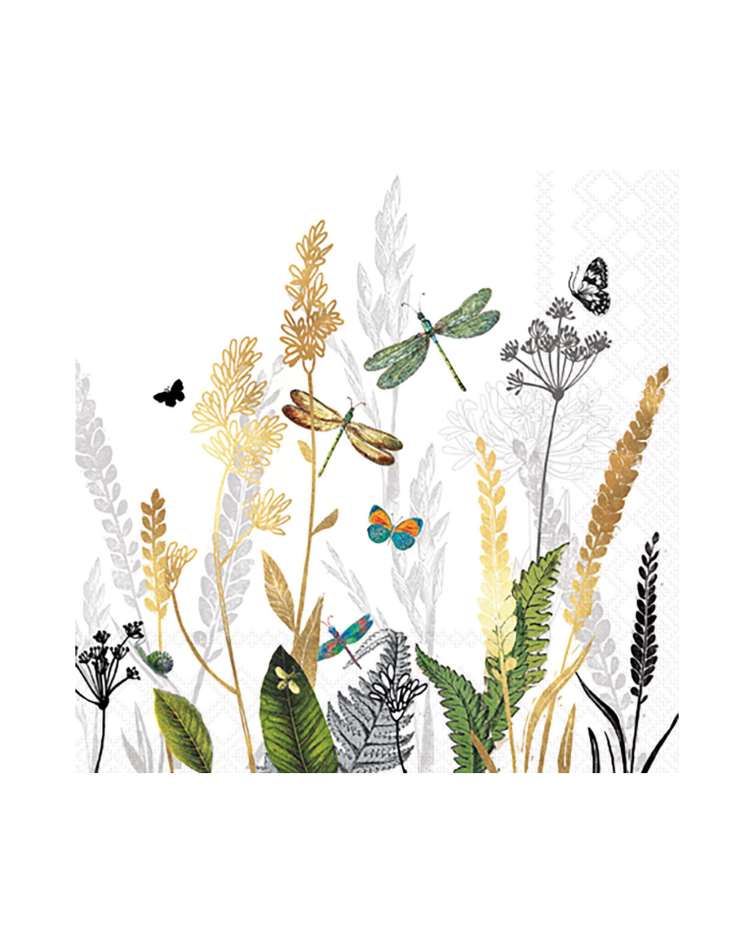 Cocktailservietten „Ornamental Flowers“ von Ambiente mit filigranen Pflanzen und Insektenillustrationen