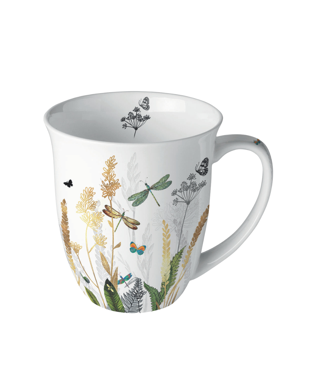 Abgebildet ist eine weiße Porzellantasse mit dem Motiv „Ornamental Flowers“ von Ambiente. Zu sehen sind zarte ornamentale Blumen in Gelb, Weiß und Blau, kleine Vögel und grüne Blätter. Die Tasse steht auf einem hellen Hintergrund.