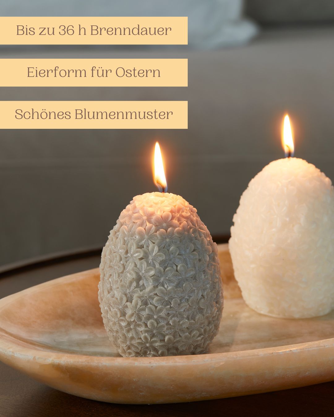 Beide Kerzen in Eierform von Rivièra Maison und dem hübschen Blumenmuster haben eine Brenndauer von bis zu 36 Stunden.