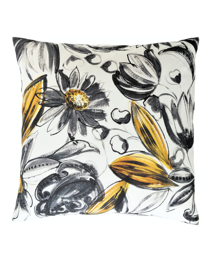 Blumen Kissenbzug "Sestieri" von Sander Table + Home in schwarz weiß Optik und goldenen Akzenten.