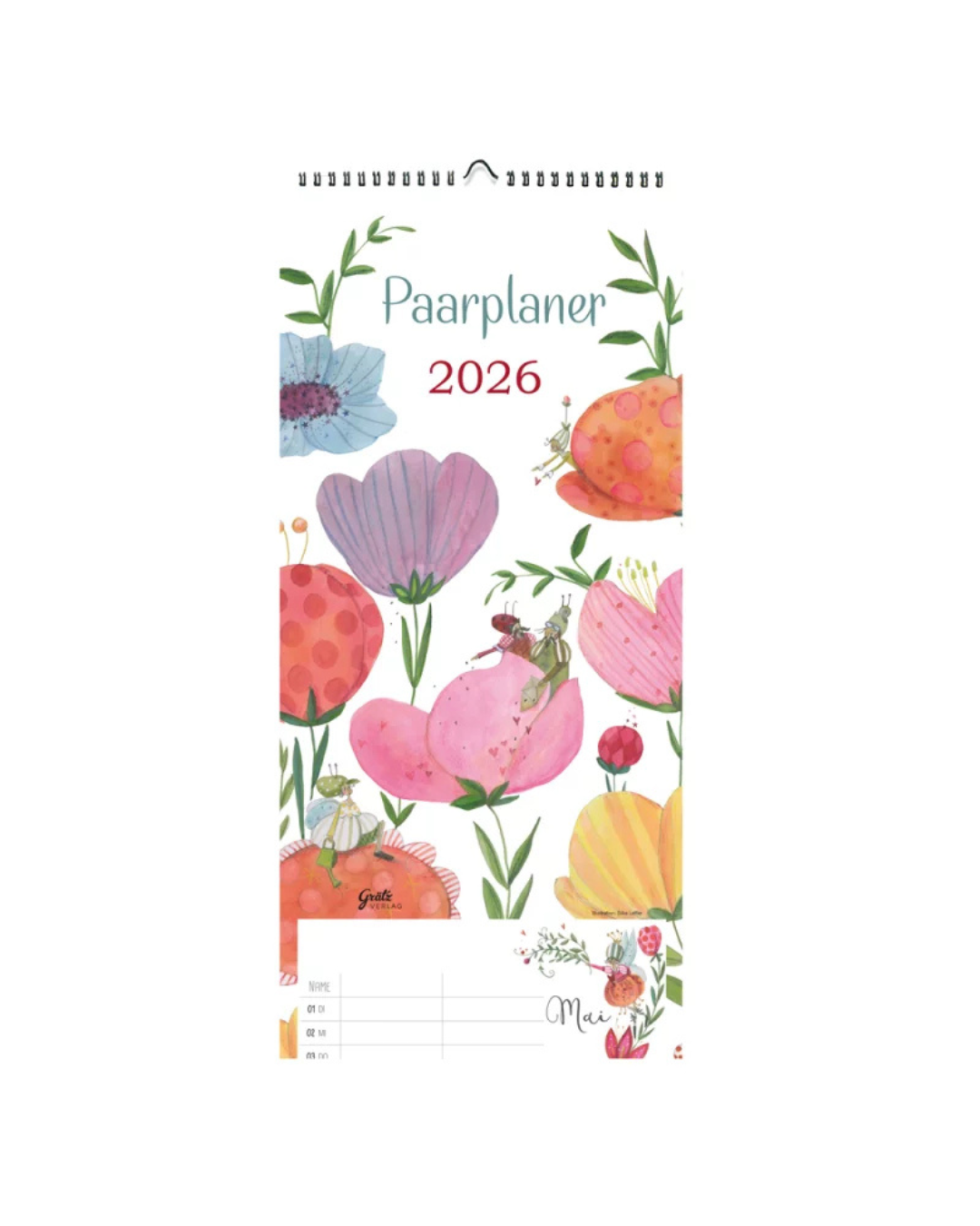 Paarplaner-Kalender 2026 vom Grätz Verlag mit Blumen-Illustrationen von Silke Leffler