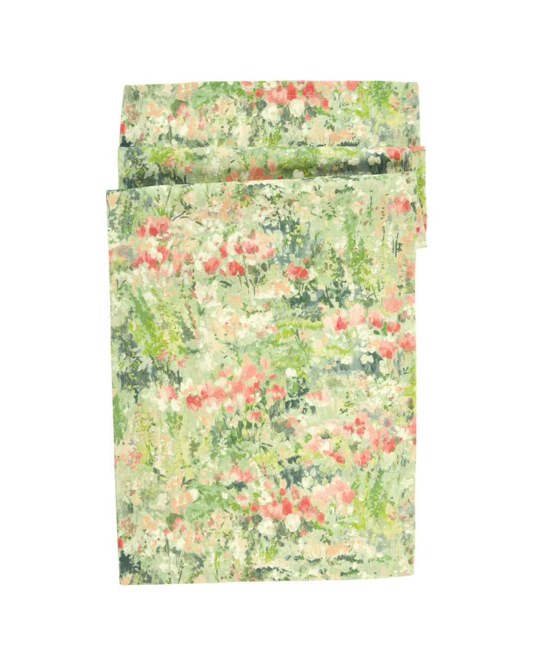 Blumen Tischläufer „Perugia“ von Sander in der Farbe Sage mit zartem Blütenmuster in Grün- und Rosétönen vor weißem Hintergrund.