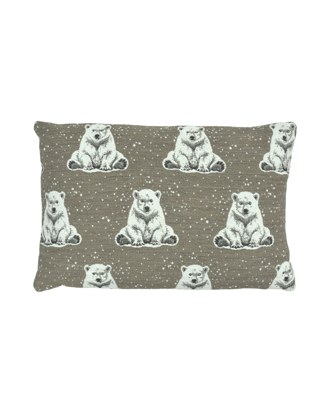 Rechteckiger Boreas Kissenbezug von Sander in Taupe mit Eisbär-Motiv und Schneeflocken.