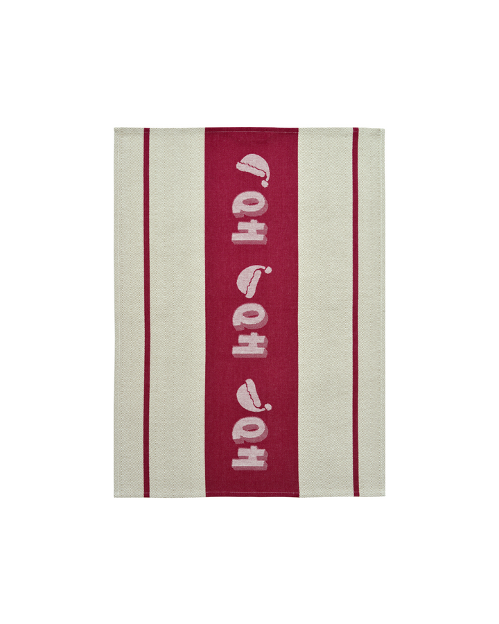 „Geschirrtuch Chef Laughter von Sander mit rotem Mittelband und Ho-Ho-Ho-Schriftzug“