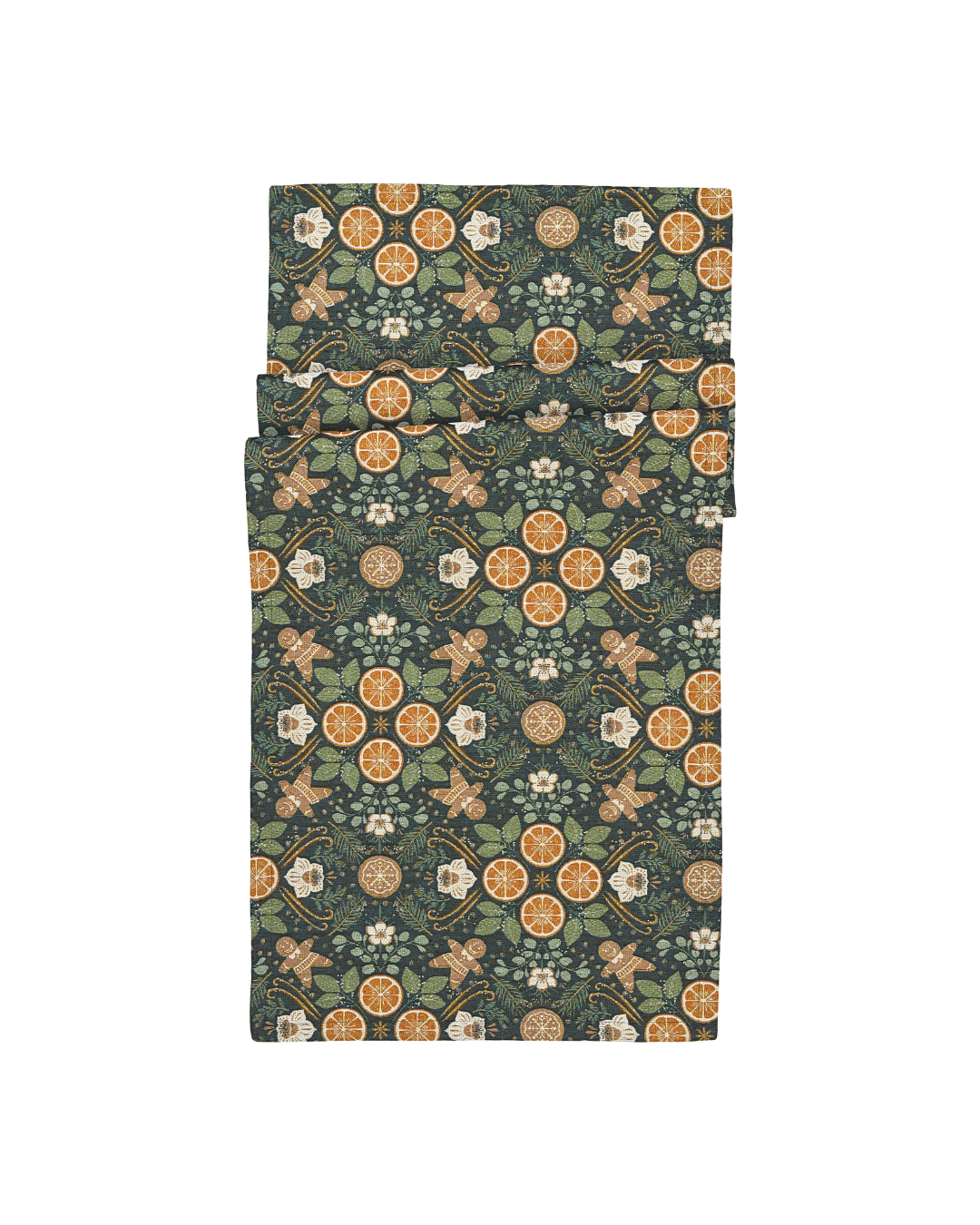 Weihnachtlicher Tischläufer Chester 50 x 140 cm von Sander mit Orangen, Zimt und Lebkuchenmännchen.
