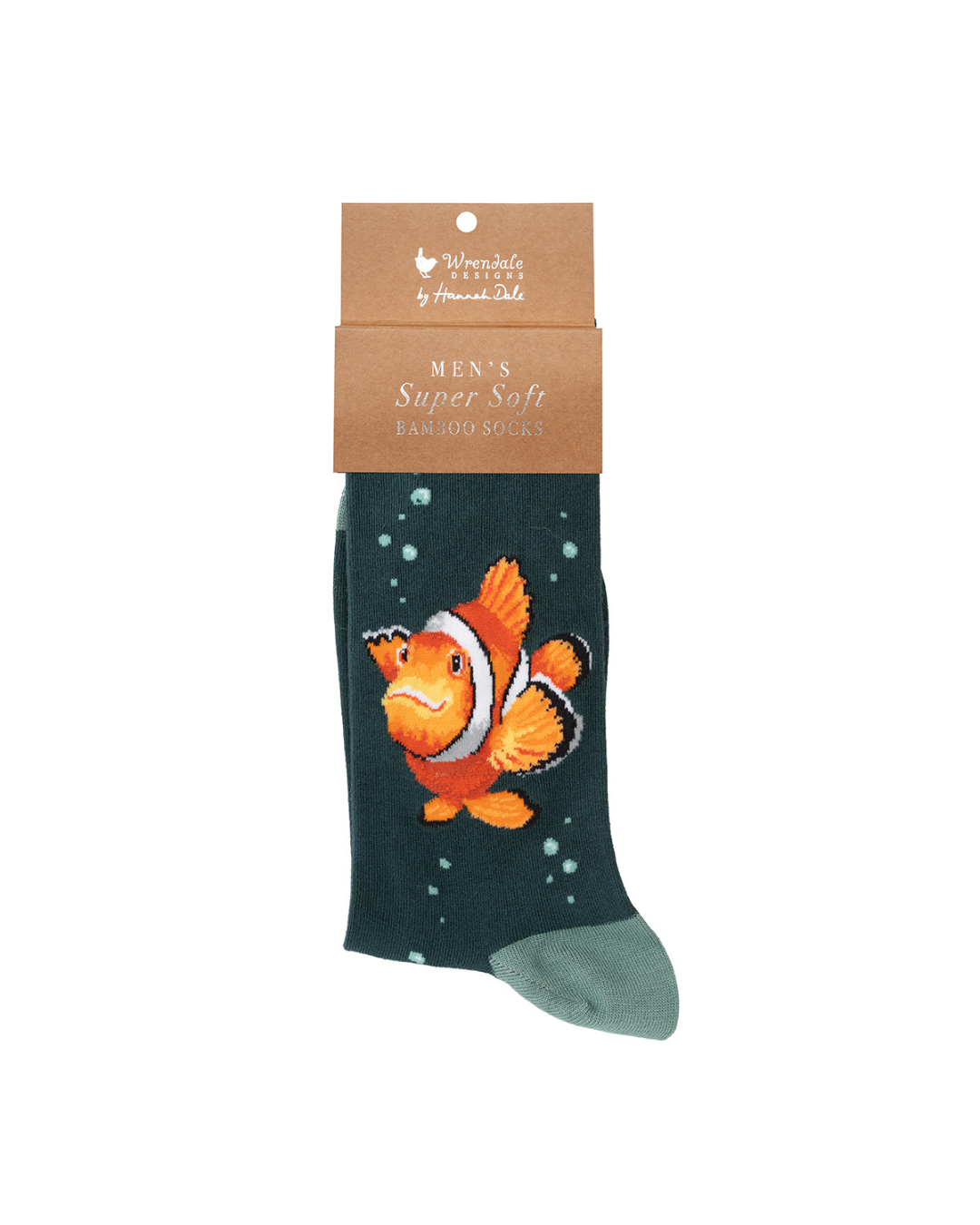 Clownfisch Männersocken von Wrendale Designs mit Verpackung, dunkelgrüne Socken mit orangefarbenem Fischmotiv