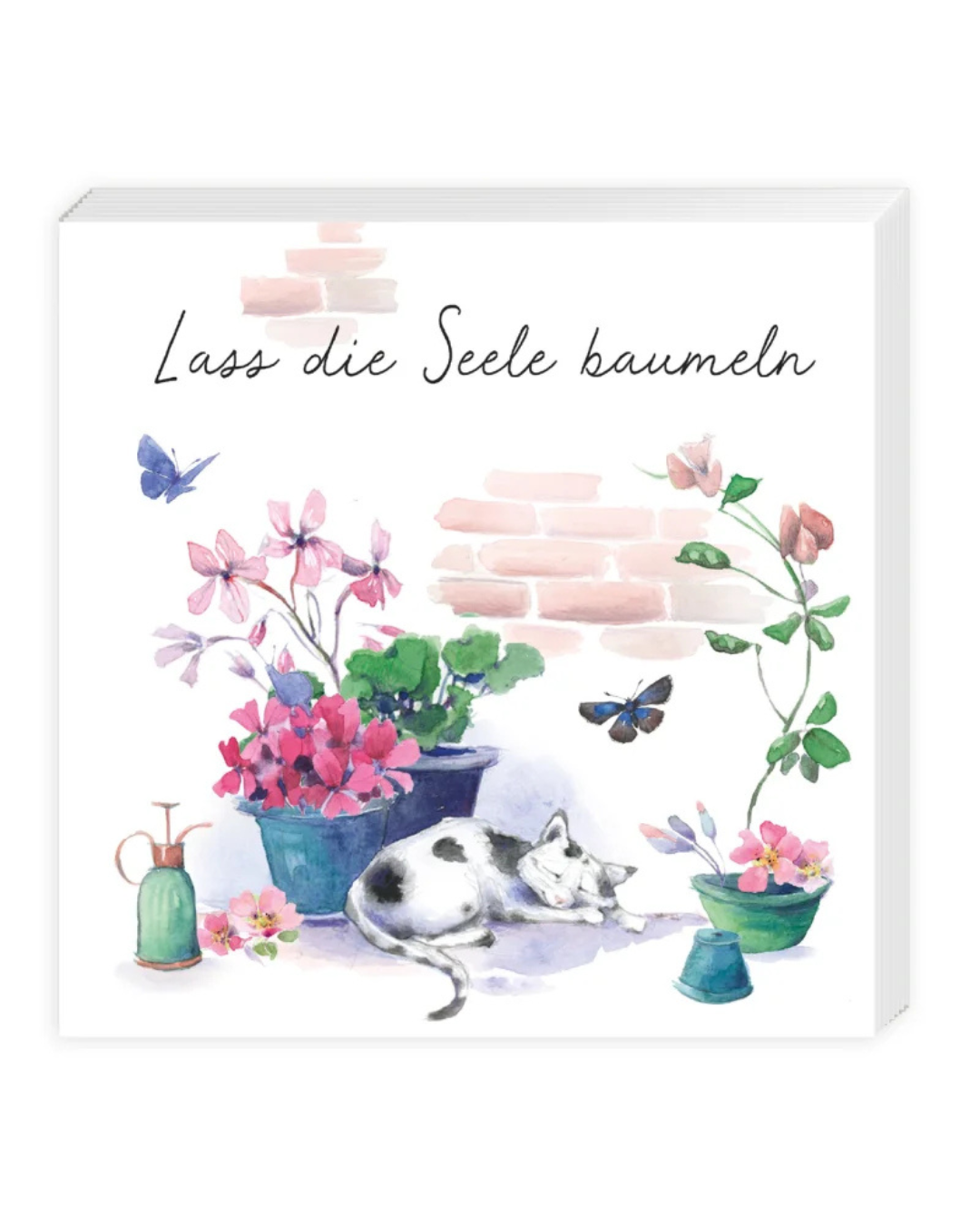 Cocktailserviette "Zeit zum Träumen" vom Grätz Verlag illustriert von Sophia Drescher. Zwischen Blumentöpfen schlummernde Katzen werden umflattert von farbigen Schmetterlingen - dargestellt in zarter Auqarelloptik.