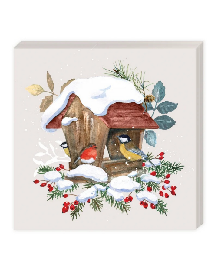 Cocktailservietten "Am Vogelhaus" vom Grätz Verlag. Typische Vogelillustration von Daniela Drescher mit Rotkehlchen und Meise am verschneiten Vogelhäuschen.