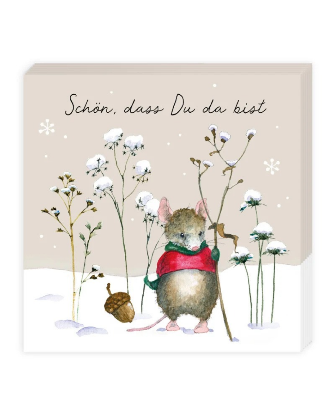 Weihnachtliche Cocktailservietten "Lustige Winterfreunde" mit niedliche Mäuseillustration von Daniela Drescher und der Aufschrift "Schön, dass du da bist".