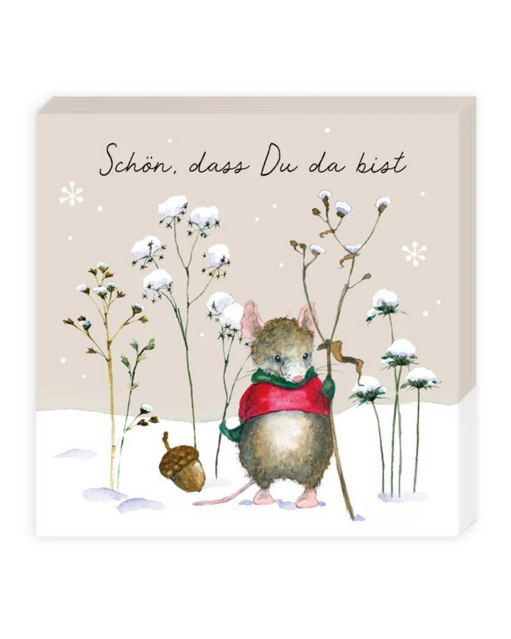 Weihnachtliche Cocktailservietten "Lustige Winterfreunde" mit niedliche Mäuseillustration von Daniela Drescher und der Aufschrift "Schön, dass du da bist".