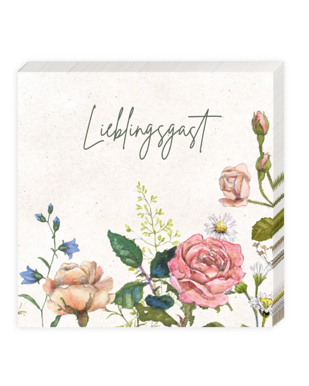 Die Cocktailserviette "Rosengarten" illustriert von Sophia Drescher zeigen zahlreiche Blumen, Gräser und Blühpflanzen in verschiedenen Farben und Formen. Rosen bilden den Hauptteil der dargestellten Blumen auf dieser Serviette vom Grätz Verlag. "Lieblingsgast" steht in der oberen Mitte der Serviette.