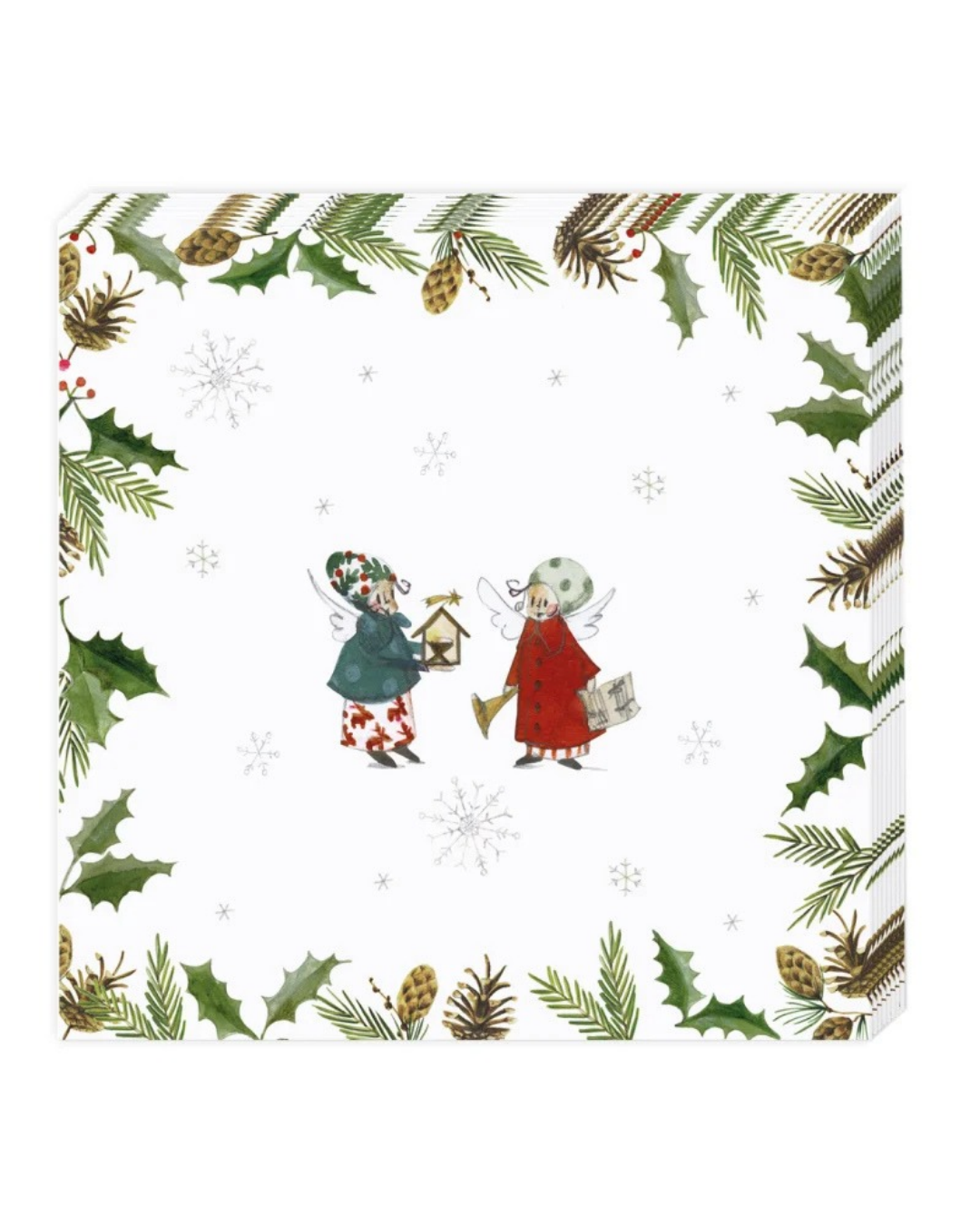 Cocktailserviette "Weihnachtsengel" vom Grätz Verlag. Mit liebevollen Engelchenillustrationen von Silke Leffler, welche von kräftigem Wintergrün umgeben sind.